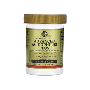 A bottle of Solgar Advanced Acidophilus Plus 60 vege capsules.
